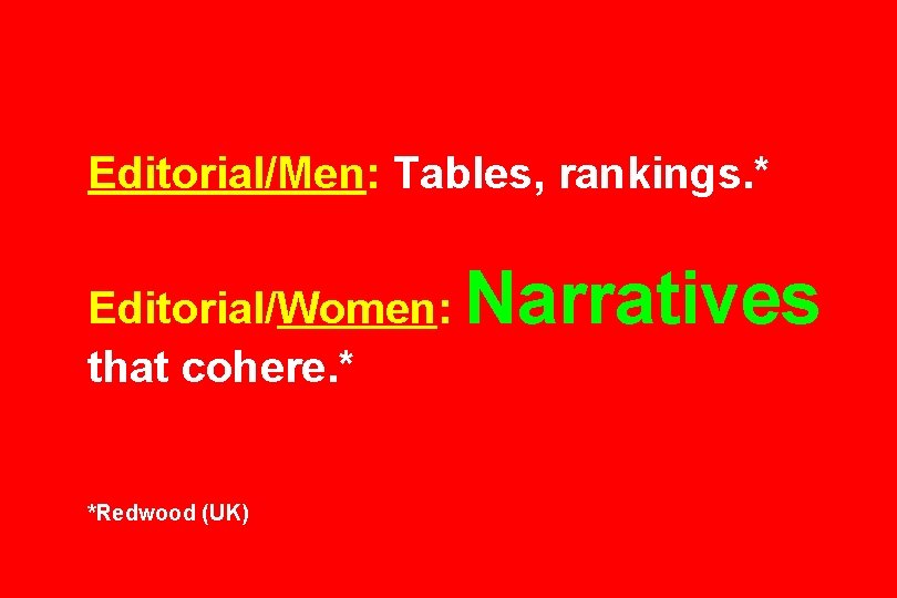 Editorial/Men: Tables, rankings. * Editorial/Women: that cohere. * *Redwood (UK) Narratives 