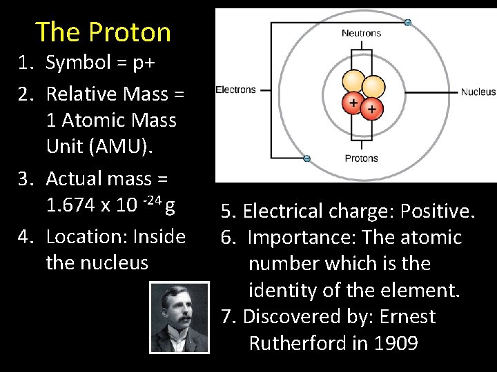 The Proton 1. Symbol = p+ 2. Relative Mass = 1 Atomic Mass Unit