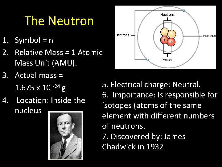 The Neutron 1. Symbol = n 2. Relative Mass = 1 Atomic Mass Unit