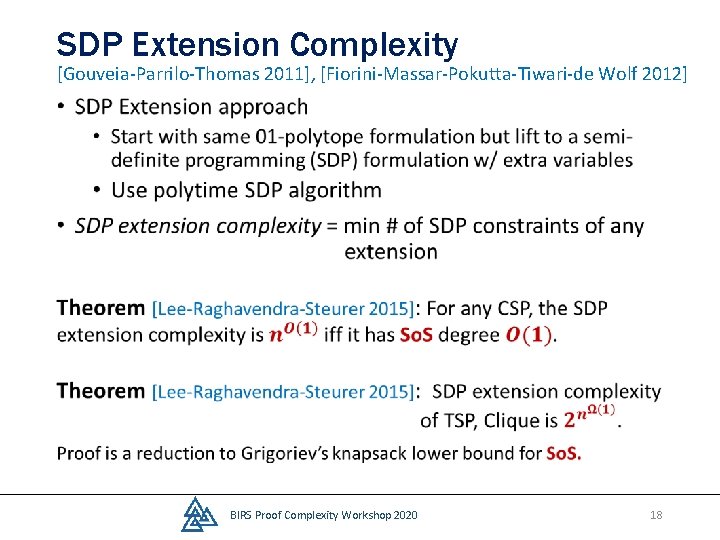 SDP Extension Complexity [Gouveia-Parrilo-Thomas 2011], [Fiorini-Massar-Pokutta-Tiwari-de Wolf 2012] • BIRS Proof Complexity Workshop 2020