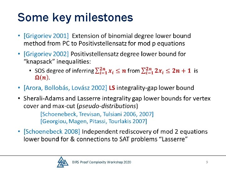 Some key milestones • BIRS Proof Complexity Workshop 2020 9 