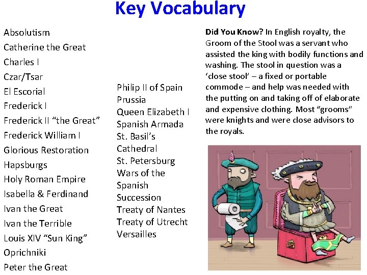 Key Vocabulary Absolutism Catherine the Great Charles I Czar/Tsar El Escorial Frederick II “the