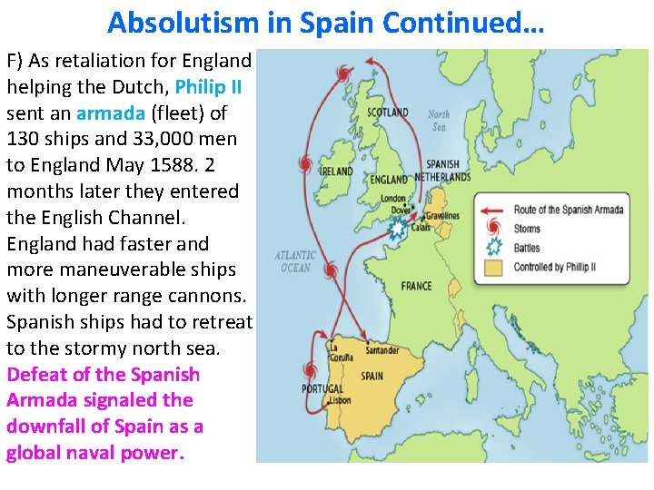Absolutism in Spain Continued… F) As retaliation for England helping the Dutch, Philip II