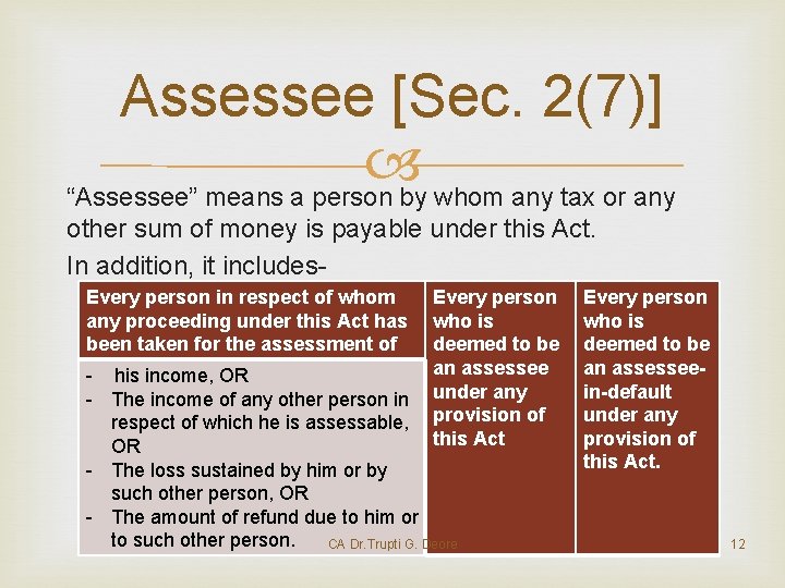 Assessee [Sec. 2(7)] “Assessee” means a person by whom any tax or any other