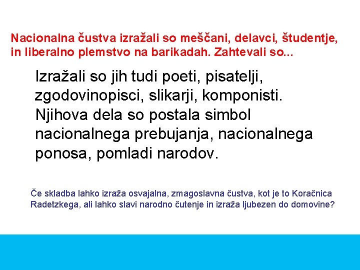 Nacionalna čustva izražali so meščani, delavci, študentje, in liberalno plemstvo na barikadah. Zahtevali so.