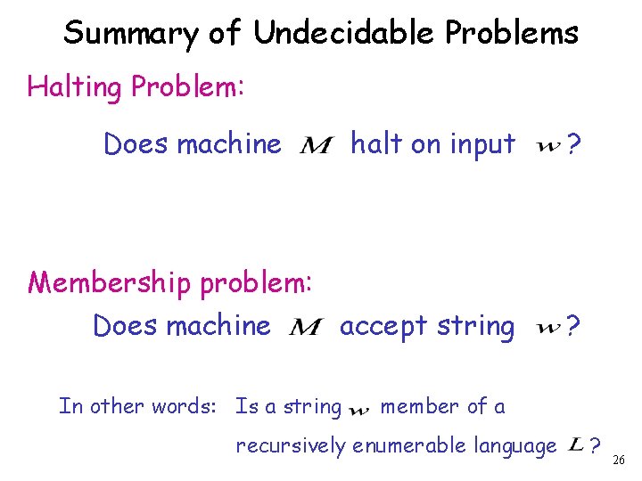 Summary of Undecidable Problems Halting Problem: Does machine halt on input ? Membership problem: