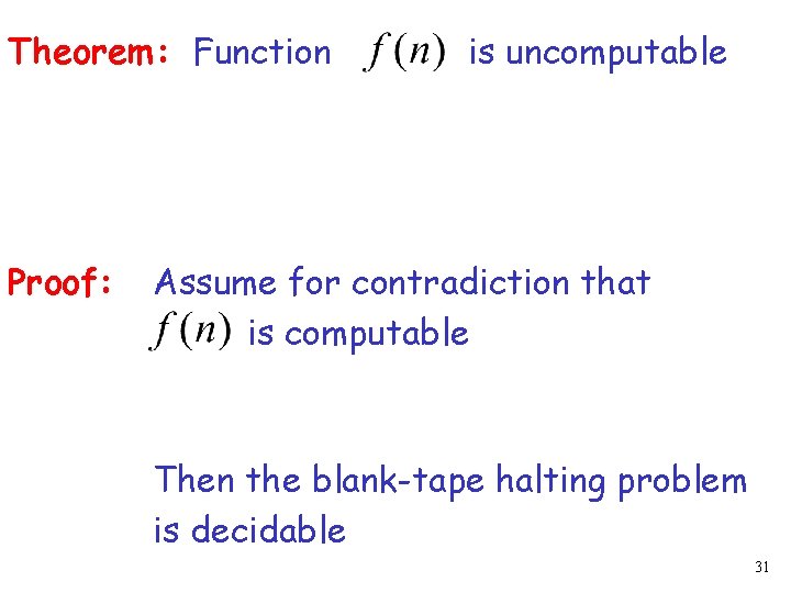 Theorem: Function Proof: is uncomputable Assume for contradiction that is computable Then the blank-tape