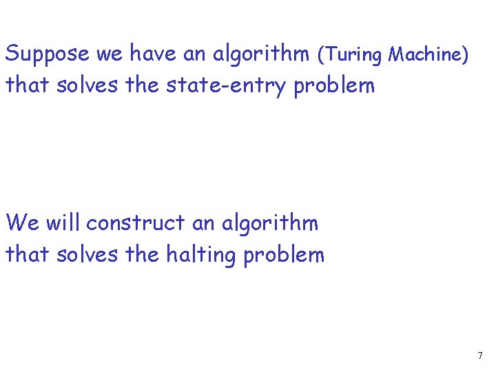 Suppose we have an algorithm (Turing Machine) that solves the state-entry problem We will