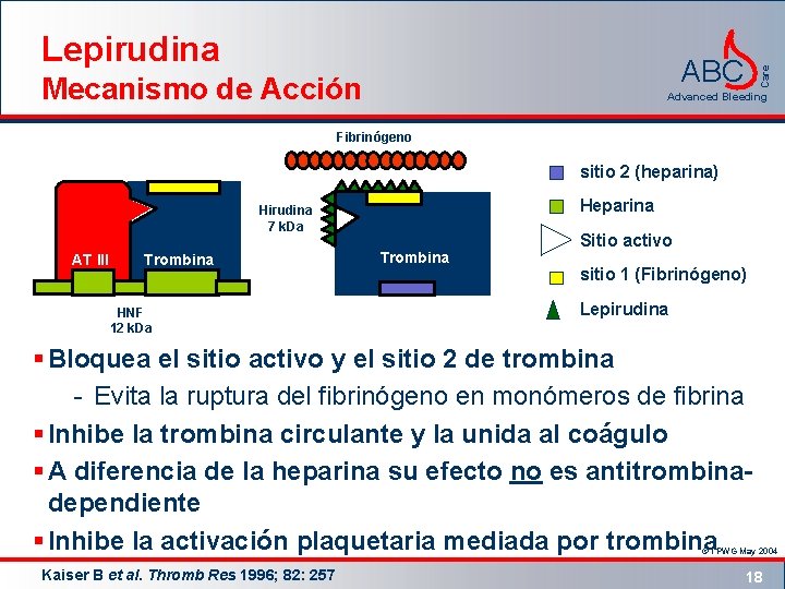 Lepirudina Mecanismo de Acción Care ABC Advanced Bleeding Fibrinógeno sitio 2 (heparina) Heparina Hirudina