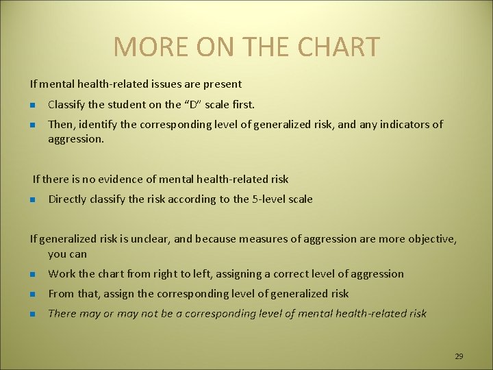 MORE ON THE CHART If mental health-related issues are present n n Classify the