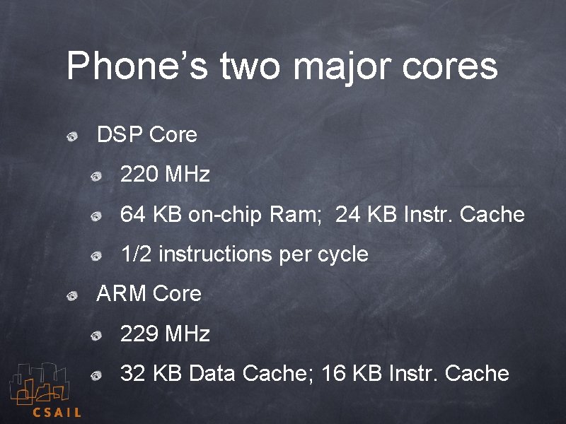 Phone’s two major cores DSP Core 220 MHz 64 KB on-chip Ram; 24 KB