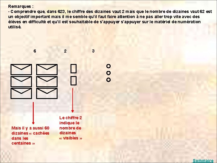 Remarques : - Comprendre que, dans 623, le chiffre des dizaines vaut 2 mais