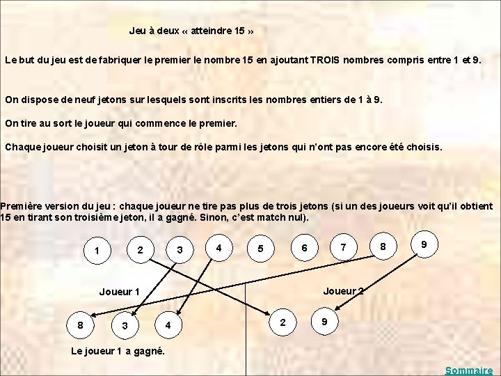 Jeu à deux « atteindre 15 » Le but du jeu est de fabriquer