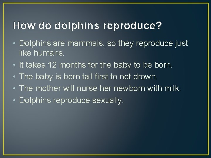 How do dolphins reproduce? • Dolphins are mammals, so they reproduce just like humans.