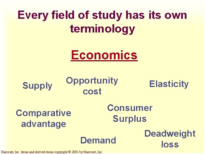 Every field of study has its own terminology Economics Supply Opportunity cost Elasticity Consumer