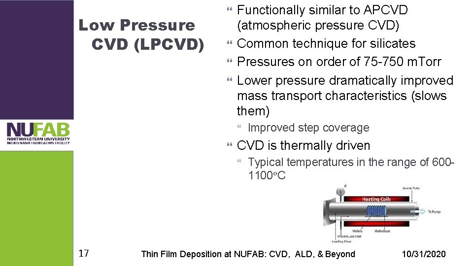 Low Pressure CVD (LPCVD) Functionally similar to APCVD (atmospheric pressure CVD) Common technique for