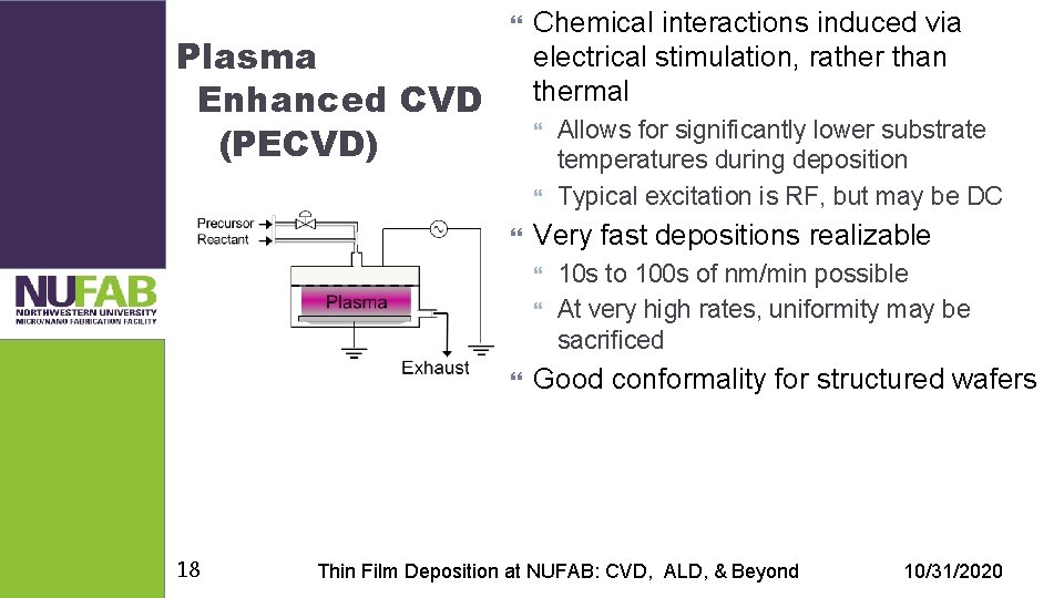 Plasma Enhanced CVD (PECVD) Chemical interactions induced via electrical stimulation, rather than thermal Very