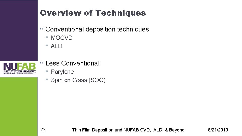 Overview of Techniques Conventional deposition techniques Less Conventional 22 MOCVD ALD Parylene Spin on