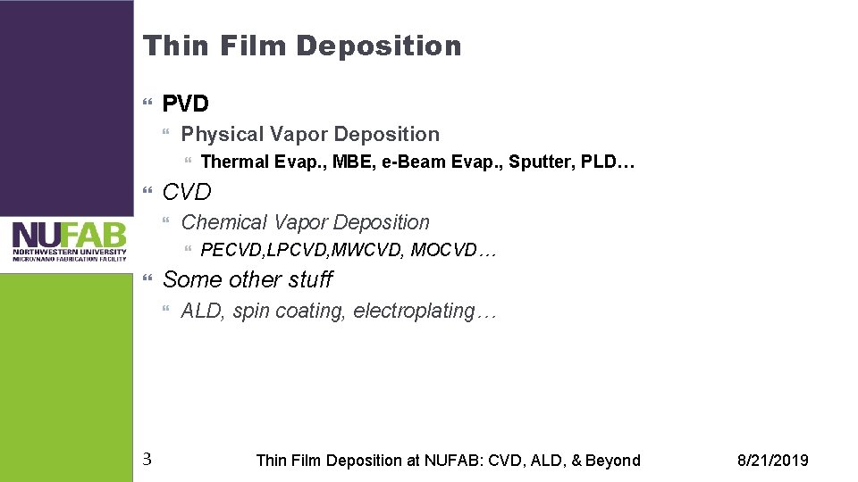 Thin Film Deposition PVD Physical Vapor Deposition CVD Chemical Vapor Deposition PECVD, LPCVD, MWCVD,