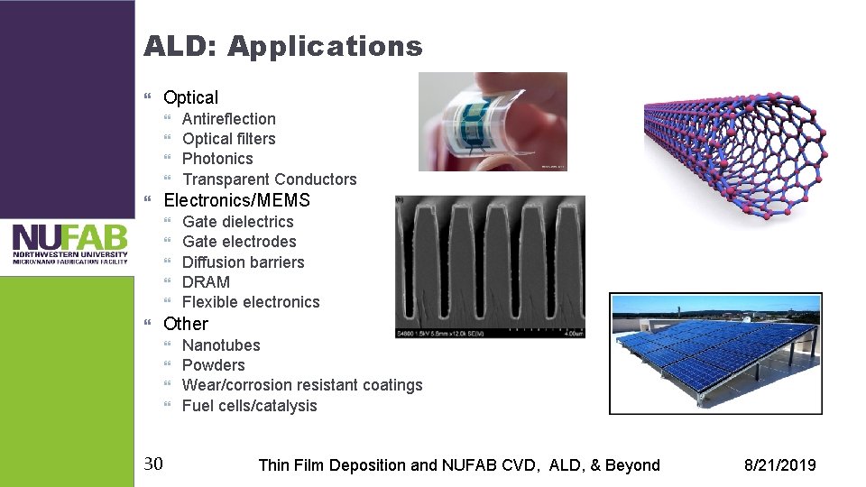 ALD: Applications Optical Electronics/MEMS Gate dielectrics Gate electrodes Diffusion barriers DRAM Flexible electronics Other