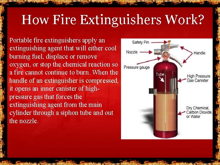 How Fire Extinguishers Work? Portable fire extinguishers apply an extinguishing agent that will either