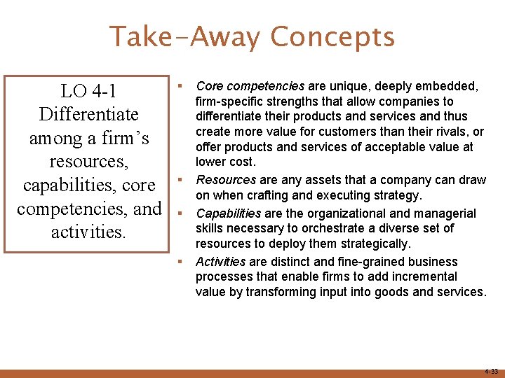 Take-Away Concepts LO 4 -1 Differentiate among a firm’s resources, capabilities, core competencies, and