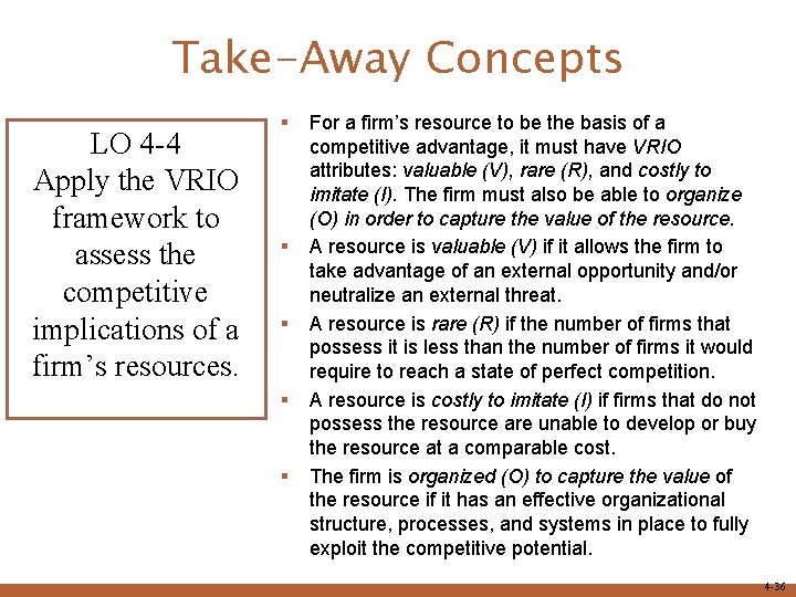 Take-Away Concepts LO 4 -4 Apply the VRIO framework to assess the competitive implications