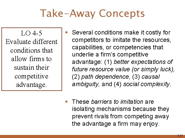 Take-Away Concepts LO 4 -5 Evaluate different conditions that allow firms to sustain their