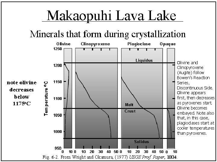 Olivine and Clinopyroxene (Augite) follow Bowen’s Reaction Series, Discontinuous Side. Olivine appears first, then