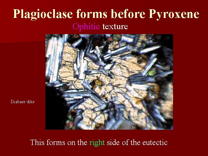 Plagioclase forms before Pyroxene Ophitic texture Diabase dike This forms on the right side