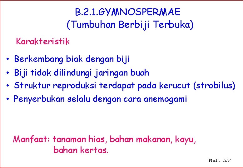 B. 2. 1. GYMNOSPERMAE (Tumbuhan Berbiji Terbuka) Karakteristik • Berkembang biak dengan biji •