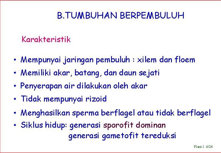 B. TUMBUHAN BERPEMBULUH Karakteristik • Mempunyai jaringan pembuluh : xilem dan floem • Memiliki