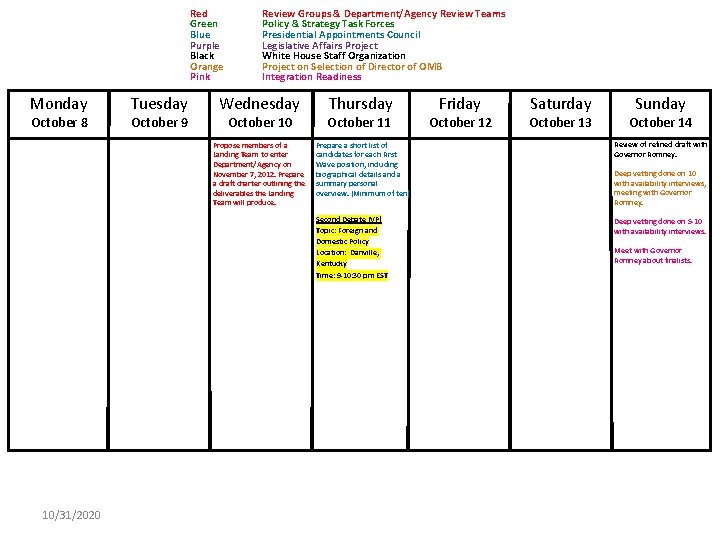 Red Green Blue Purple Black Orange Pink Monday October 8 Tuesday October 9 Review