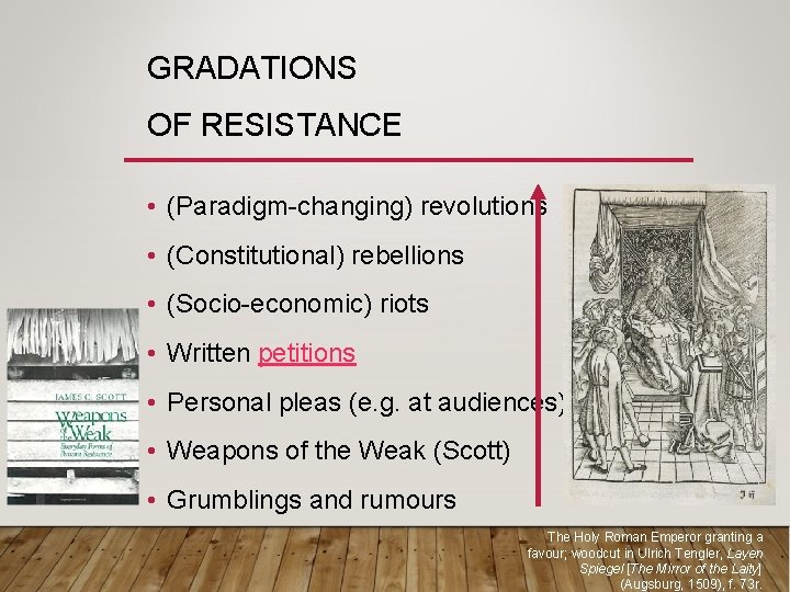 GRADATIONS OF RESISTANCE • (Paradigm-changing) revolutions • (Constitutional) rebellions • (Socio-economic) riots • Written