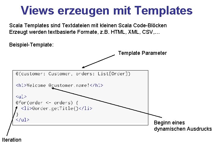 Views erzeugen mit Templates Scala Templates sind Textdateien mit kleinen Scala Code-Blöcken Erzeugt werden