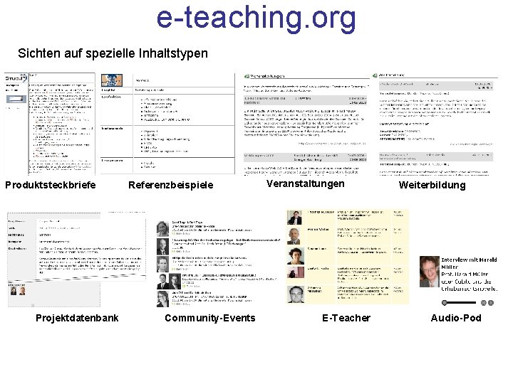 e-teaching. org Sichten auf spezielle Inhaltstypen Produktsteckbriefe Projektdatenbank Referenzbeispiele Community-Events Veranstaltungen E-Teacher Weiterbildung Audio-Pod