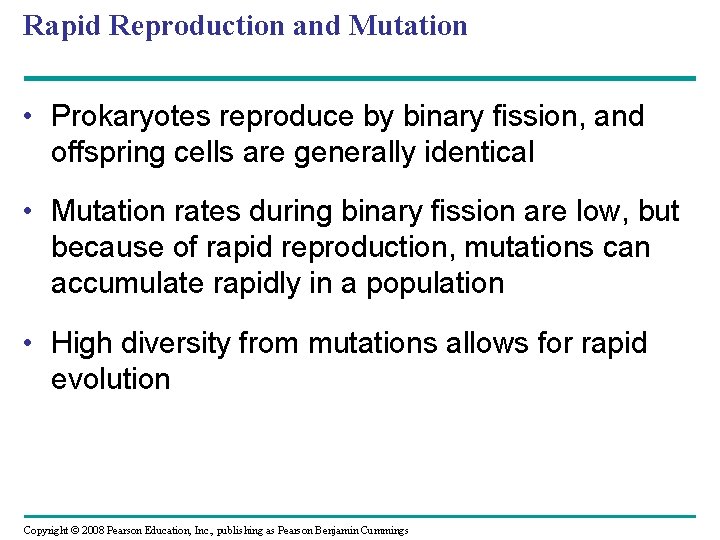 Rapid Reproduction and Mutation • Prokaryotes reproduce by binary fission, and offspring cells are