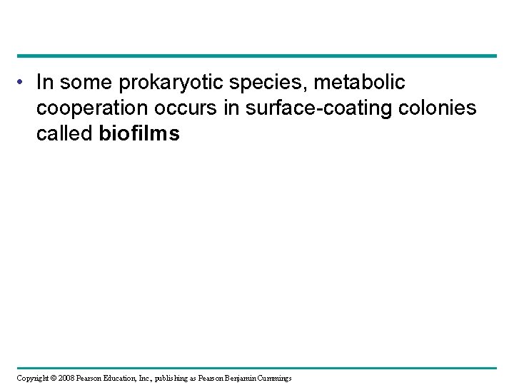  • In some prokaryotic species, metabolic cooperation occurs in surface-coating colonies called biofilms