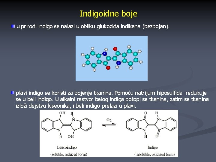 Indigoidne boje u prirodi indigo se nalazi u obliku glukozida indikana (bezbojan). plavi indigo