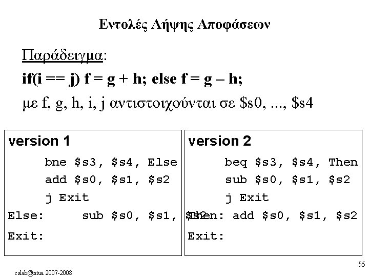 Εντολές Λήψης Αποφάσεων Παράδειγμα: if(i == j) f = g + h; else f Εντολές Λήψης Αποφάσεων Παράδειγμα: if(i == j) f = g + h; else f