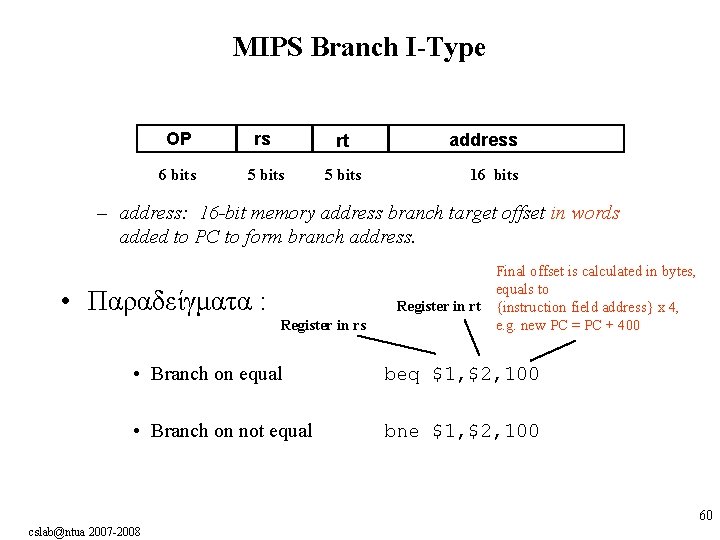 MIPS Branch I-Type OP rs rt 6 bits 5 bits address 16 bits –