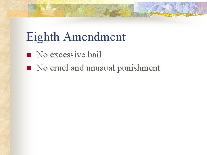 Eighth Amendment n n No excessive bail No cruel and unusual punishment 