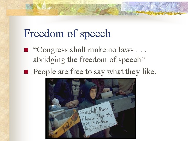 Freedom of speech n n “Congress shall make no laws. . . abridging the