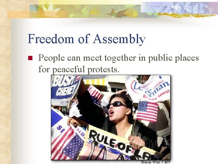 Freedom of Assembly n People can meet together in public places for peaceful protests.
