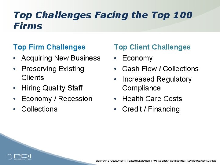 Top Challenges Facing the Top 100 Firms Top Firm Challenges Top Client Challenges •