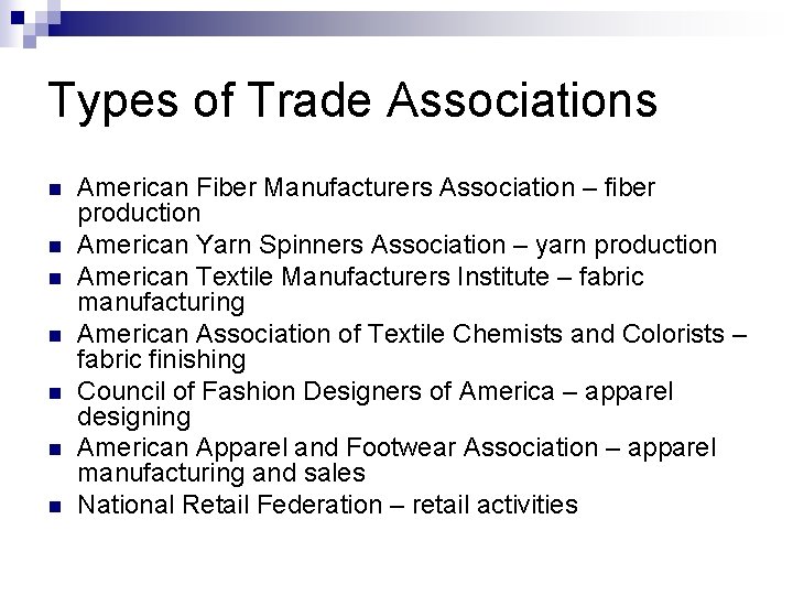 Types of Trade Associations n n n n American Fiber Manufacturers Association – fiber
