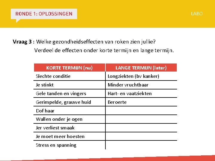 LABO Vraag 3 : Welke gezondheidseffecten van roken zien jullie? Verdeel de effecten onder