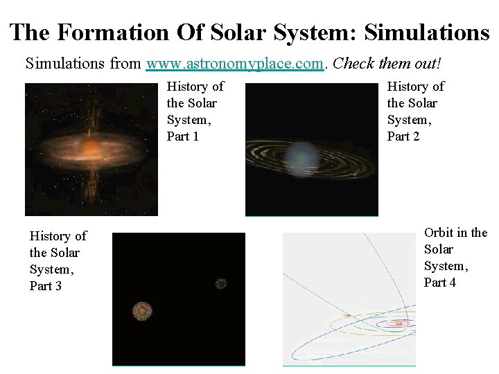 The Formation Of Solar System: Simulations from www. astronomyplace. com. Check them out! History