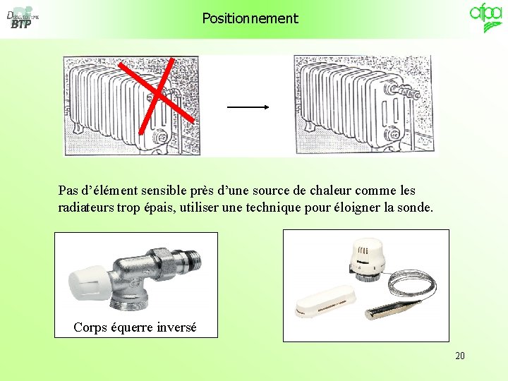 Positionnement Pas d’élément sensible près d’une source de chaleur comme les radiateurs trop épais,