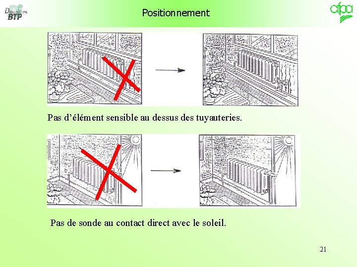 Positionnement Pas d’élément sensible au dessus des tuyauteries. Pas de sonde au contact direct